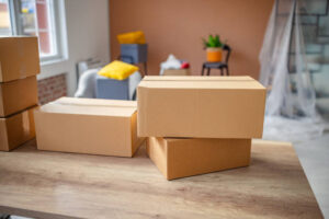 A young woman moves into her new apartment, surrounded by cardboard boxes and bright decor. She feels cheerful and excited about this new chapter in her life.